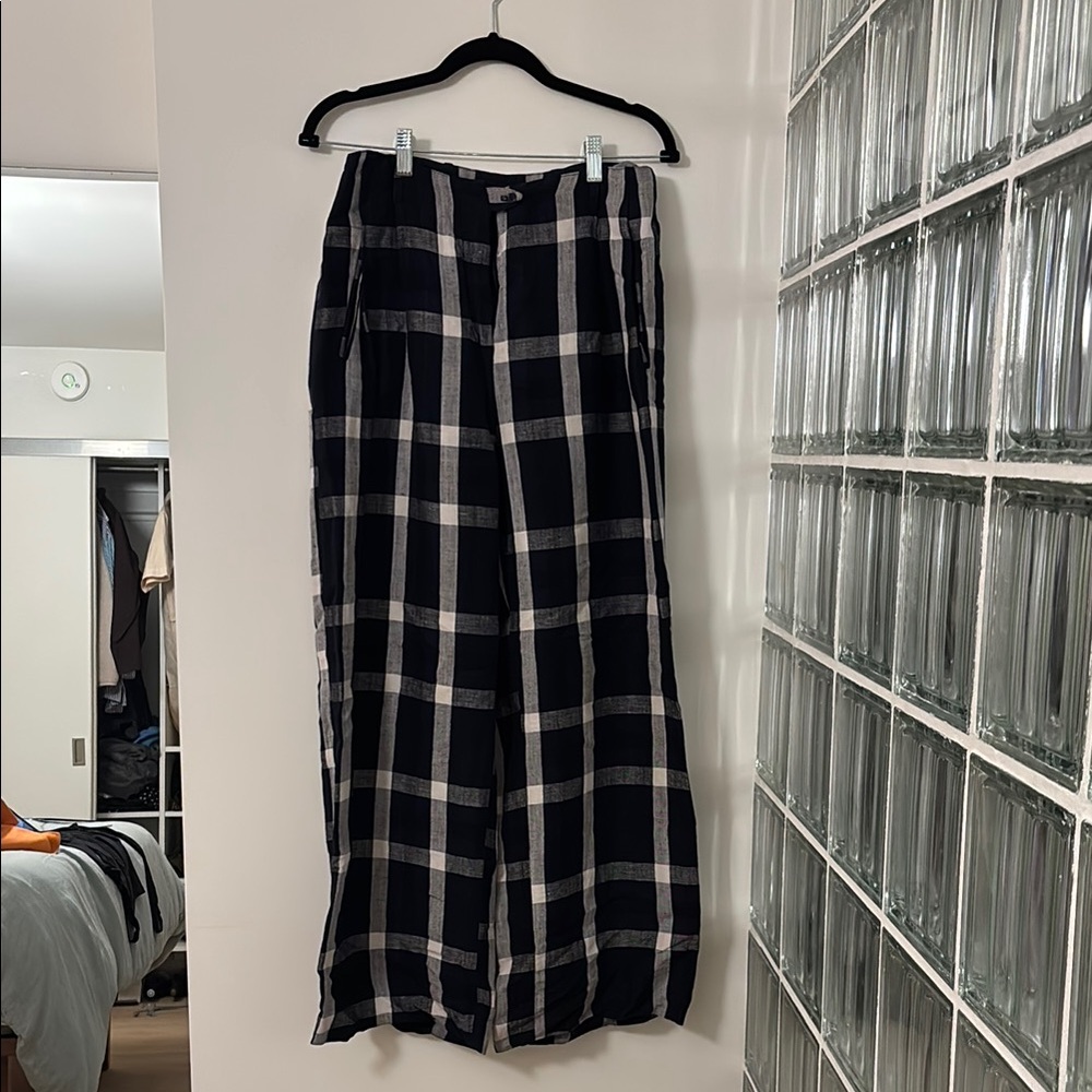 Reformation Navy and Cream Checkered Pants